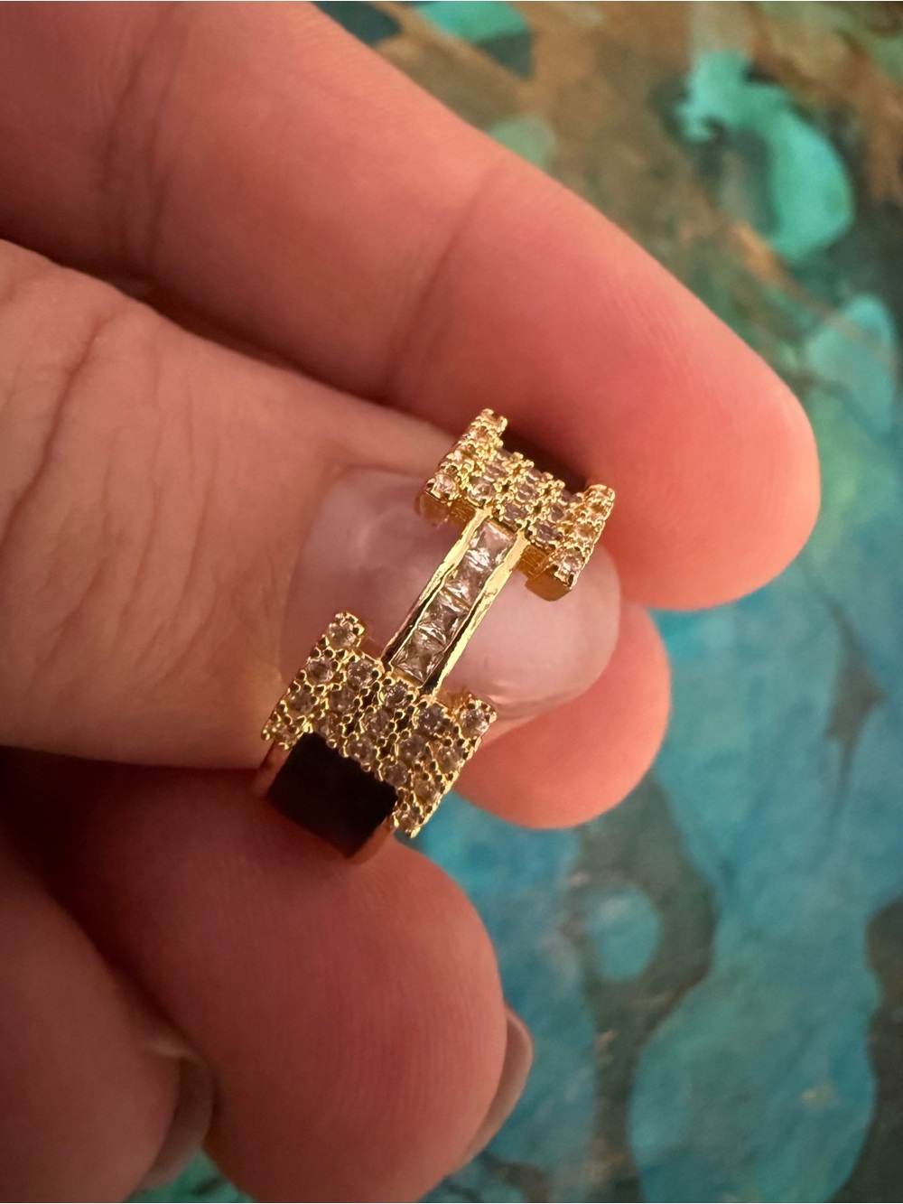 “H” Ring in Gold Tone, Black enamel, Clear Pave Stones- Unbranded